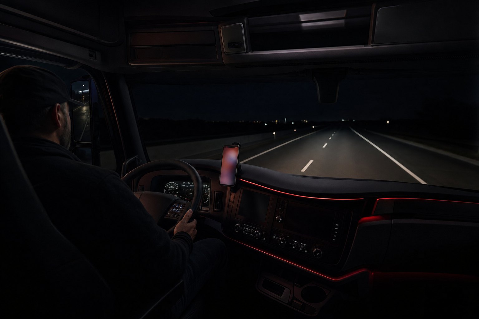 Driver at the wheel of a semi at night, dash trimmed in signal-red light with a phone mounted above the console