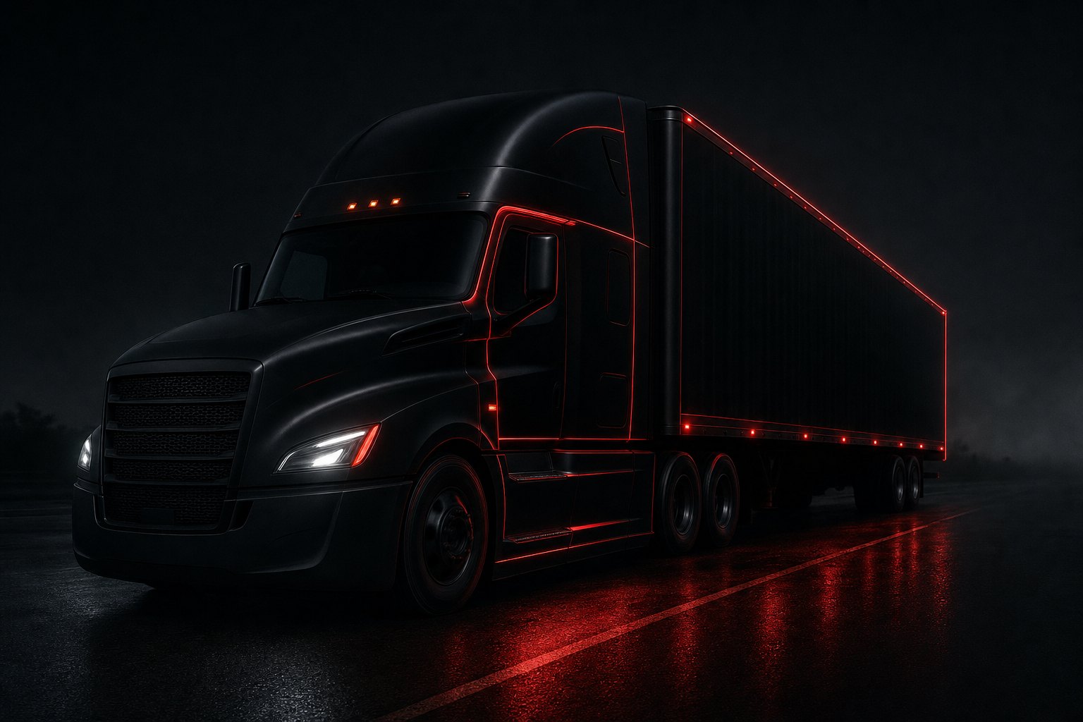 Obsidian semi truck on a dark wet highway at night with signal-red rim light along the cab and trailer